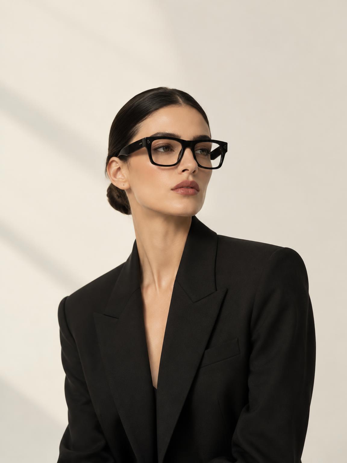 Modowy portret w czarnych oprawach, stylizacja Vogue